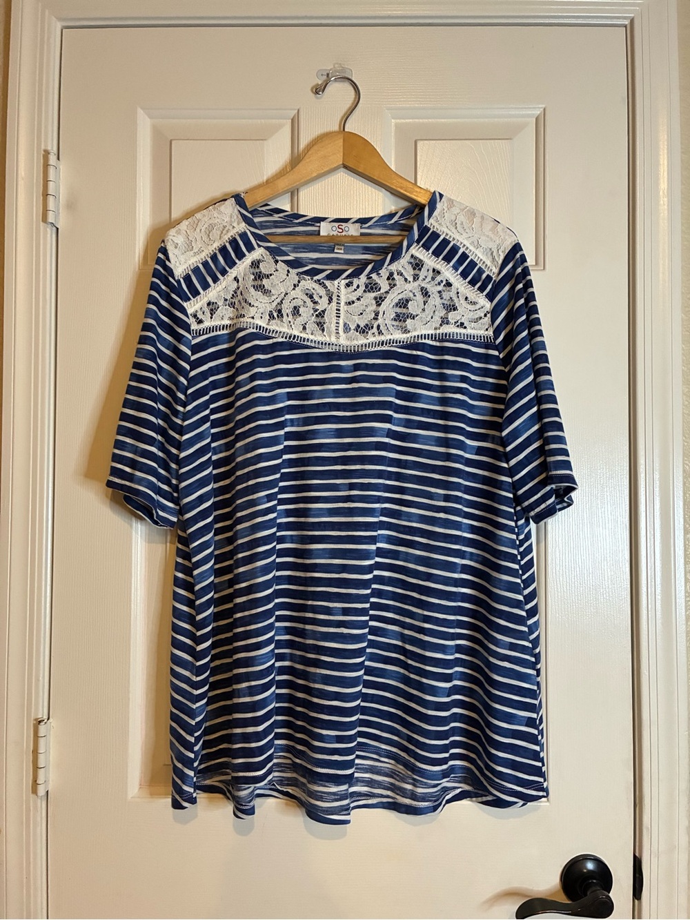 Navy & White Striped Lace Yoke Short Sleeve Top
